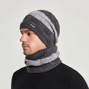 Winter striped knit beanie and neck warmer set in grey and light grey for cold weather