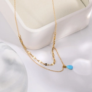 Double-layer 18K gold-plated necklace with a delicate blue opal waterdrop pendant