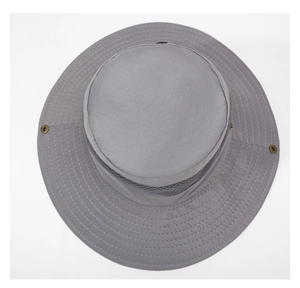 Detail of grey outdoor sun hat showing breathable mesh band and bronze metal side snaps