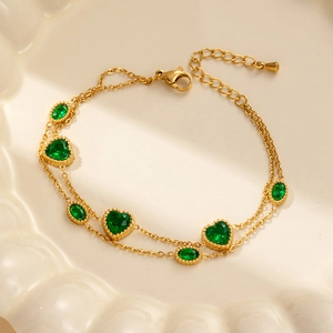 18K gold plated stainless steel bracelet with green heart and oval zircon stones