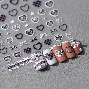 Autocollants À Ongles En Relief 3D Autocollants Cœurs Nœuds Dentelle Künstliche Perles Style Y2K Lolita Décoration Manucure