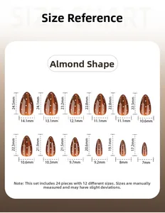 Tableau des tailles pour 24 faux ongles en amande œil de chat marron en 12 tailles