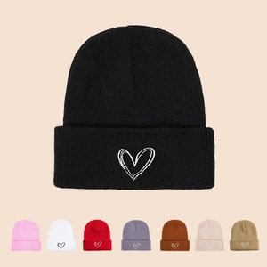Heart Embroidered Knitted Beanie Hat Warm Winter Acrylic Folded Cuff Casual Fashion For Women