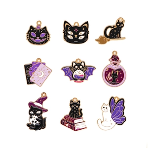 Collection of 9 Halloween cat enamel charms with gold edges for DIY jewelry making