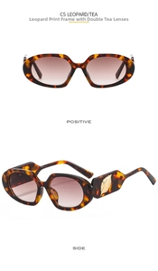 Detail of leopard print oval sunglasses with gold leaf accent and gradient lenses