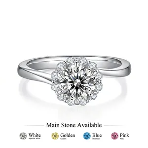 Moissanite sterling silver halo ring with twisted band and four color stone options