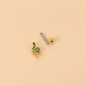 Golden snake cartilage stud with green zircon stones and threaded stainless steel bar