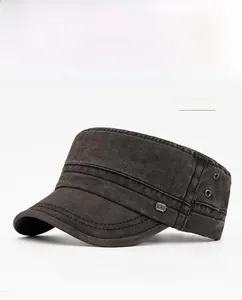 Close-up of black washed cotton military hat featuring a metal NEW logo and side eyelets