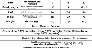 Size guide for sequined halter dress showing measurements and fabric specifications