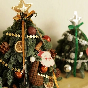Macro shot of DIY Christmas tree with pine cones, cinnamon sticks, and star topper