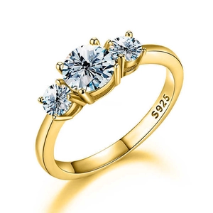 Classic 1 carat moissanite three-stone 925 silver ring with 14k gold plating