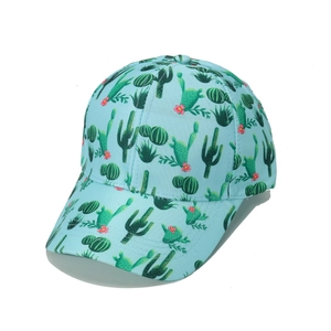 Light blue cotton baseball cap with green cactus and pink flower patterns for summer