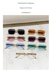 Frameless square sunglasses in seven diverse colors on a white marble surface