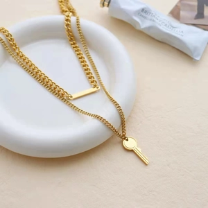 Layered Key And Bar Pendant Necklace Stainless Steel Gold Plated Hip Hop Vintage Style Minimalist Jewelry For Women Men
