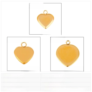Size chart for heart-shaped stainless steel pendant trays in various dimensions and weights