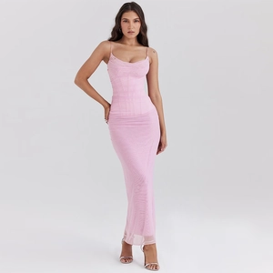Elegant pale pink mesh bodycon maxi dress with corset detail and side slit for women