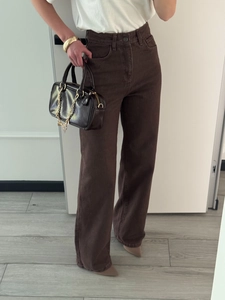 High Waisted Wide Leg Brown Cotton Denim Jeans Retro Loose Straight Fit Floor Length Trousers For Women Fashion