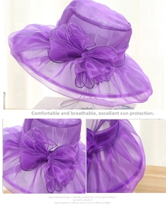 Detail of purple organza sun hat with layered bow, showing breathable mesh and UV protection