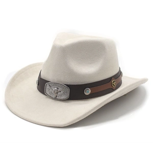 Ethnic western cowboy hat in cream faux suede with ornate leather belt and bull buckle