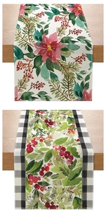 Detail of Christmas table runners with poinsettia patterns and buffalo plaid edges