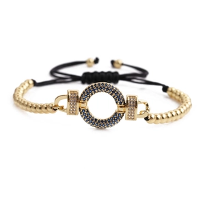 Adjustable gold bead bracelet with geometric circle charm and colorful zircon crystals