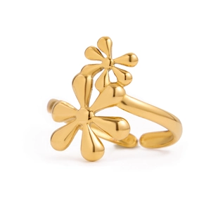 Minimalist 18k gold plated stainless steel open ring featuring a double floral design