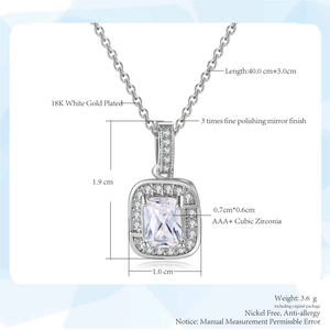 Detail showing square cut AAA+ cubic zirconia pendant with 18K white gold plating specifications