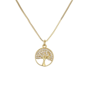 Gold tree of life necklace with mother of pearl and cubic zirconia shell pendant