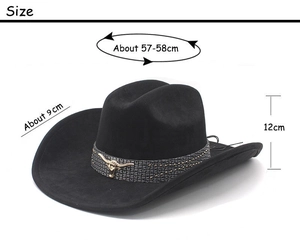 Detailed size guide for black suede western cowboy hat with studded bull head metal band