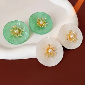 Green and white marble resin hoop earrings with gold floral metal and tiny pearls