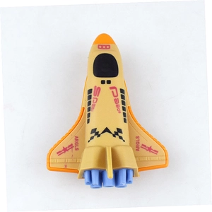 Top view of space shuttle toy with orange wings and Speed text on white background