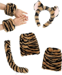 Detailed set of tiger stripe plush ears headband, tail, and matching wrist leg warmers