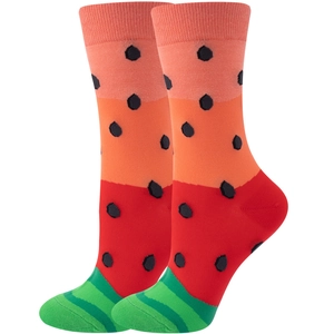 Detailed view of novelty mid-calf socks with vibrant watermelon pattern and striped texture