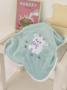 Detail of mint green towel featuring white lamb embroidery and white corded edges