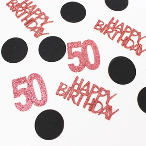 Pink glitter Happy Birthday and 50 confetti with black dots on a white background