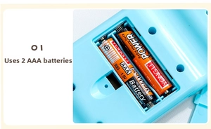 Detail view of the battery compartment using two AAA batteries for the blue game console