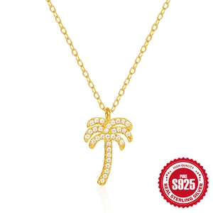 Palm Tree Pendant Necklace 925 Sterling Silver White Zircon Tropical Summer Vacation Style Gold Plated Jewelry For Women