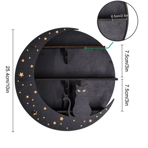 Detailed dimensions of moon-shaped wooden crystal shelf with black cat silhouette