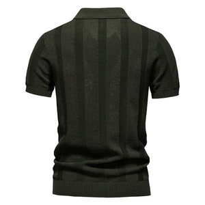 Dark green knitted men's polo shirt with vertical stripes shown from a rear perspective