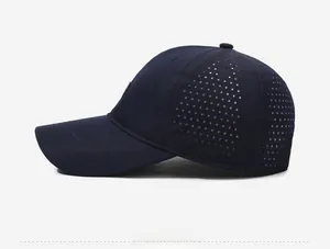 Side view of dark blue breathable sports baseball cap with laser-cut ventilation holes