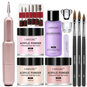 Complete acrylic nail art kit with pink drill machine, powders, monomer and tools