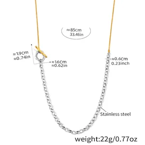 Detail of adjustable stainless steel necklace with gold snake chain and silver O-ring toggle