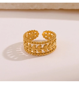 Detail of 18K gold-plated three-layer open ring featuring olive leaf pattern and bead edges