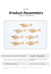 Detail view of colorful enamel fishbone pendants with specification chart