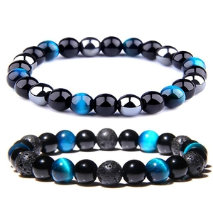 8mm Hematite and Tiger Eye beaded energy bracelet set with volcanic lava rock for men