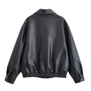 Back view of classic black faux leather PU jacket with ribbed hem and high quality texture