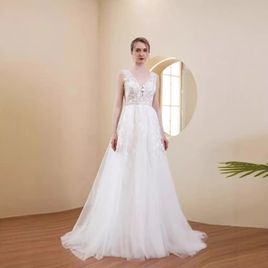 Lace V-neck A-line wedding dress with floral embroidery and tiered mesh tulle skirt