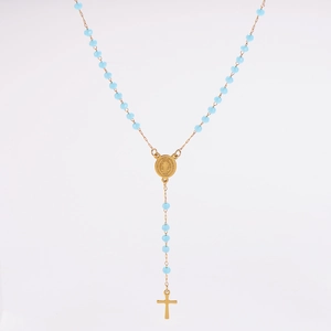 Detailed view of gold rosary necklace with blue crystal beads and St. Benedict medal