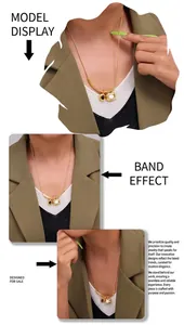 Detailed model shot of bicolor asymmetric square pendant necklace in 18k gold plated steel