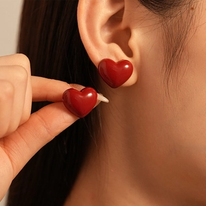 Retro Ancora Red Heart Stud Earrings with glossy finish for a minimalist vintage look